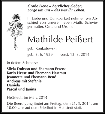 Traueranzeige von Mathilde Peißert von Mitteldeutsche Zeitung Mansfelder Land