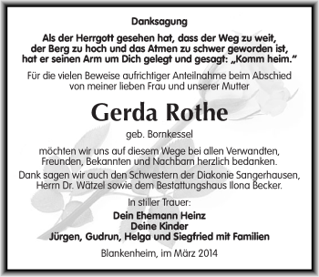 Traueranzeige von Gerda Rothe von Mitteldeutsche Zeitung Sangerhausen