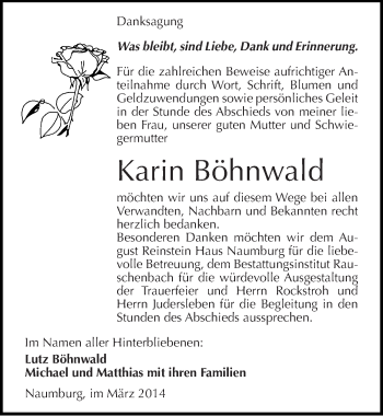 Traueranzeige von Karin Böhnwald von Mitteldeutsche Zeitung Naumburg/Nebra