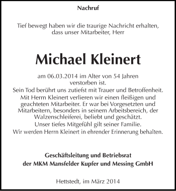 Traueranzeige von Michael Kleinert von Mitteldeutsche Zeitung Mansfelder Land