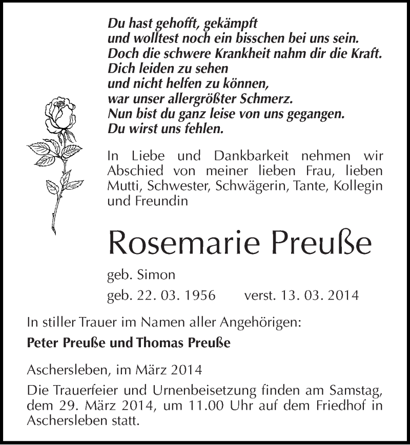  Traueranzeige für Rosemarie Preuße vom 15.03.2014 aus Mitteldeutsche Zeitung Aschersleben