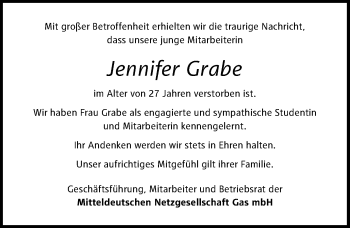 Traueranzeige von Jennifer Grabe von Mitteldeutsche Zeitung Bitterfeld
