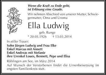 Traueranzeige von Ella Ludwig von Mitteldeutsche Zeitung Mansfelder Land