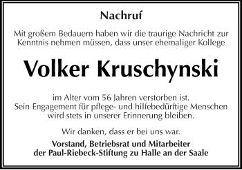 Traueranzeige von Volker Kruschynski von Mitteldeutsche Zeitung Halle/Saalkreis