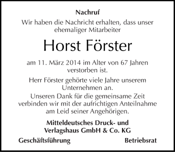Traueranzeige von Horst Förster von Mitteldeutsche Zeitung Halle/Saalkreis