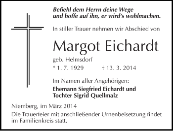 Traueranzeige von Margot Eichardt von Mitteldeutsche Zeitung Halle/Saalkreis