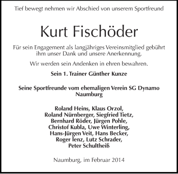 Traueranzeige von Kurt Fischöder von Mitteldeutsche Zeitung Naumburg/Nebra