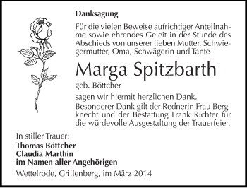 Traueranzeige von Marga Spitzbarth von Mitteldeutsche Zeitung Sangerhausen