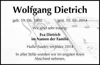 Traueranzeige von Wolfgang Dietrich von Mitteldeutsche Zeitung Halle/Saalkreis