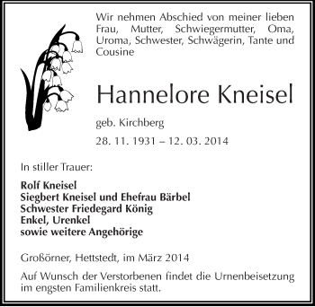 Traueranzeige von Hannelore Kneisel von Mitteldeutsche Zeitung Mansfelder Land
