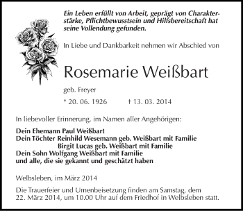 Traueranzeige von Rosemarie Weißbart von Mitteldeutsche Zeitung