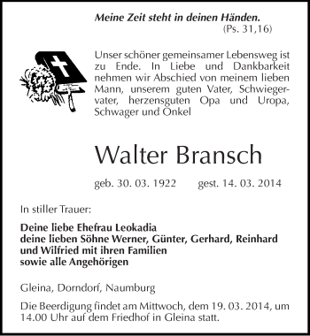 Traueranzeige von Walter Bransch von Mitteldeutsche Zeitung Naumburg/Nebra