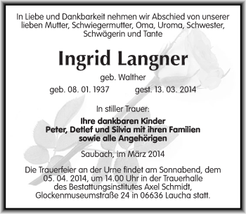 Traueranzeige von Ingrid Langner von Mitteldeutsche Zeitung Naumburg/Nebra