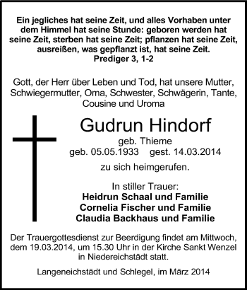 Traueranzeige von Gudrun Hindorf von Mitteldeutsche Zeitung Merseburg/Querfurt