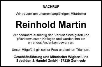 Traueranzeige von Reinhold Martin von Mitteldeutsche Zeitung Quedlinburg
