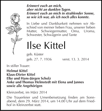 Traueranzeige von Ilse Kittel von Mitteldeutsche Zeitung Köthen