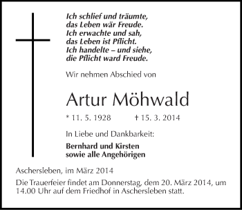 Traueranzeige von Artur Möhwald von Mitteldeutsche Zeitung Aschersleben