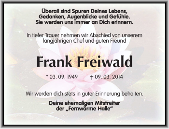 Traueranzeige von Frank Freiwald von Mitteldeutsche Zeitung Halle/Saalkreis