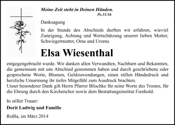 Traueranzeige von Elsa Wiesenthal von Mitteldeutsche Zeitung Sangerhausen