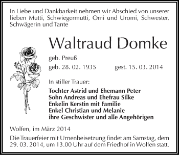 Traueranzeige von Waltraud Domke von Mitteldeutsche Zeitung Bitterfeld