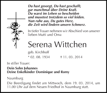 Traueranzeige von Serena Wittchen von Mitteldeutsche Zeitung Naumburg/Nebra