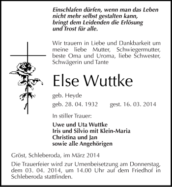 Traueranzeige von Else Wuttke von Mitteldeutsche Zeitung