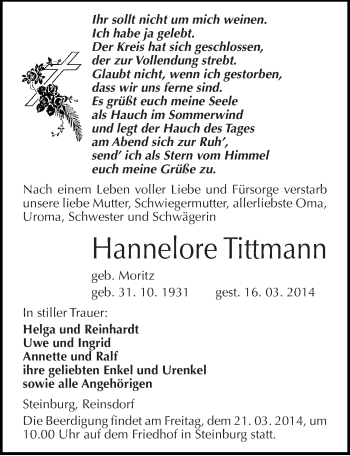 Traueranzeige von Hannelore Tittmann von Mitteldeutsche Zeitung Naumburg/Nebra