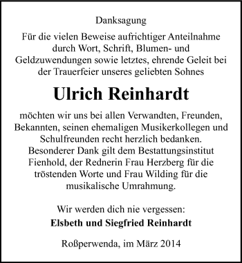 Traueranzeige von Ulrich Reinhardt von Mitteldeutsche Zeitung Sangerhausen