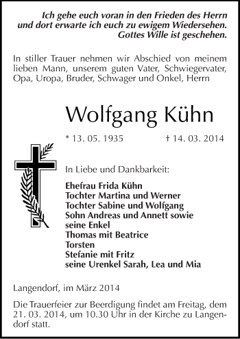 Traueranzeige von Wolfgang Kühn von Mitteldeutsche Zeitung Zeitz
