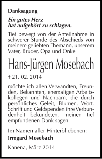 Traueranzeige von Hans-Jürgen Mosebach von Mitteldeutsche Zeitung Halle/Saalkreis