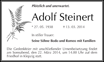Traueranzeige von Adolf Steinert von Mitteldeutsche Zeitung Halle/Saalkreis