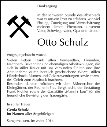 Traueranzeige von Otto Schulz von Mitteldeutsche Zeitung Sangerhausen