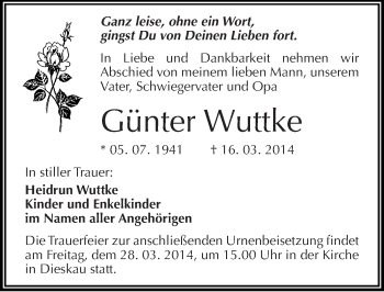 Traueranzeige von Günter Wuttke von Mitteldeutsche Zeitung Halle/Saalkreis