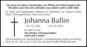 Traueranzeige von Johanna Ballin von Mitteldeutsche Zeitung Halle/Saalkreis
