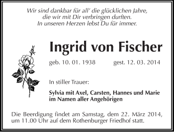 Traueranzeige von Ingrid von Fischer von Mitteldeutsche Zeitung Halle/Saalkreis