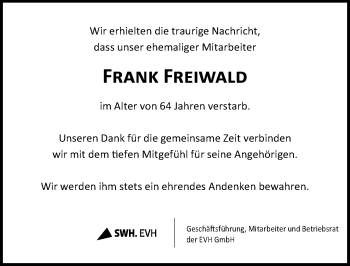 Traueranzeige von Frank Freiwald von Mitteldeutsche Zeitung Halle/Saalkreis