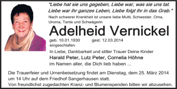 Traueranzeige von Adelheid Vernickel von Mitteldeutsche Zeitung Sangerhausen
