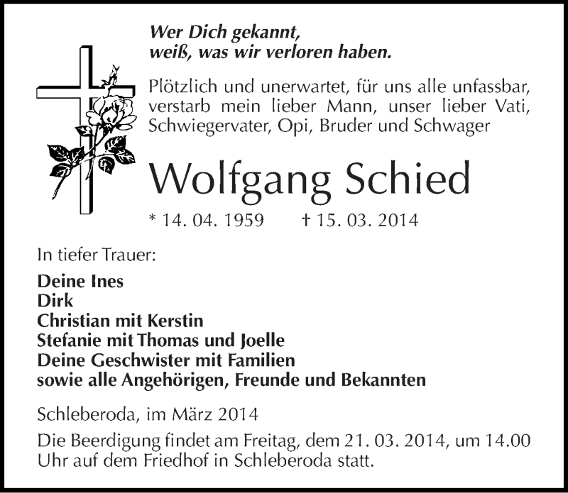  Traueranzeige für Wolfgang Schied vom 19.03.2014 aus Mitteldeutsche Zeitung Naumburg/Nebra