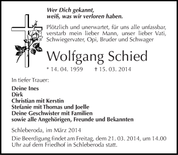 Traueranzeige von Wolfgang Schied von Mitteldeutsche Zeitung Naumburg/Nebra