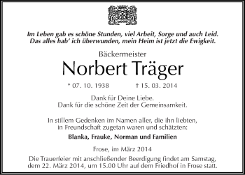 Traueranzeige von Norbert Träger von Mitteldeutsche Zeitung Aschersleben