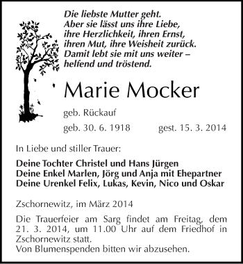 Traueranzeige von Marie Mocker von Mitteldeutsche Zeitung Wittenberg