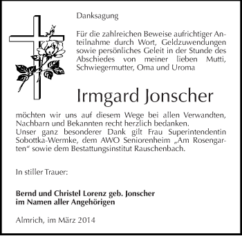 Traueranzeige von Irmgard Jonscher von Mitteldeutsche Zeitung Naumburg/Nebra