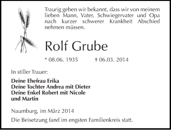 Traueranzeige von Rolf Grube von Mitteldeutsche Zeitung Naumburg/Nebra