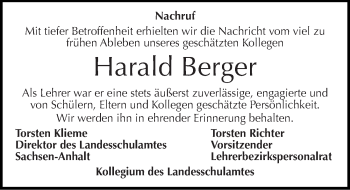 Traueranzeige von Harald Berger von Mitteldeutsche Zeitung Bitterfeld