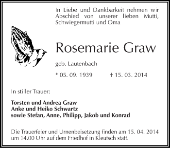 Traueranzeige von Rosemarie Graw von Mitteldeutsche Zeitung Dessau-Roßlau