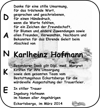 Traueranzeige von Karlheinz Hofmann von Mitteldeutsche Zeitung Naumburg/Nebra