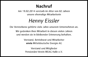 Traueranzeige von Henny Eissler von Mitteldeutsche Zeitung Halle/Saalkreis