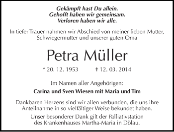 Traueranzeige von Petra Müller von Mitteldeutsche Zeitung Halle/Saalkreis