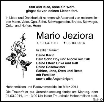 Traueranzeige von Mario Jeziora von Mitteldeutsche Zeitung Weißenfels