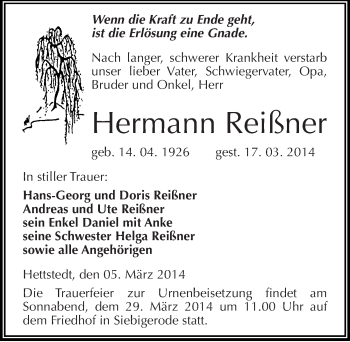 Traueranzeige von Hermann Reißner von Mitteldeutsche Zeitung Mansfelder Land